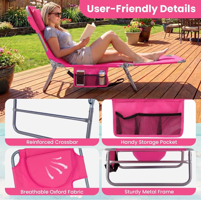 Goplus Tanning Chair, Portable Lightweight 10.5LBS Beach Lounger with Face Arm Holes, Adjustable 5-Position, 330LBS Capacity, Side Pocket, Removable Cushions, Portable Sunbathing Chair for Pool