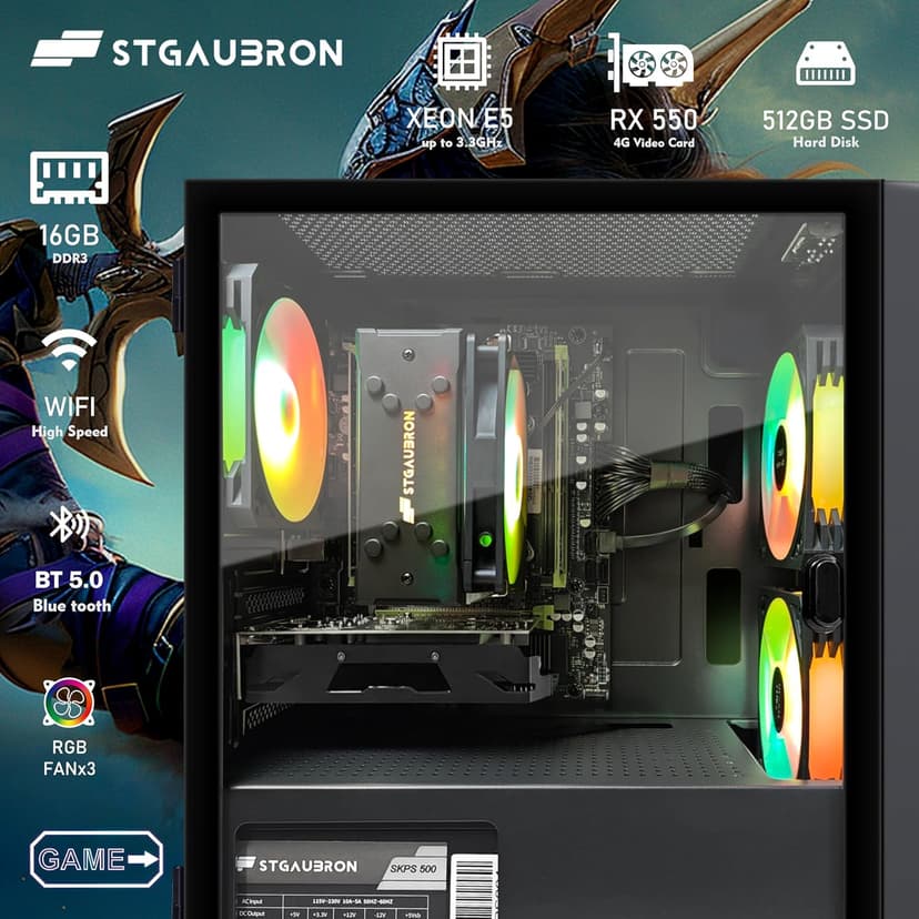 STGAubron Gaming PC Computer Desktop, Intel i7 Xeon E5, Radeon RX 550 4G, 16GB RAM, 512GB SSD, WiFi, BT 5.0, RGB Fan x3, Windows 11 Home, Gaming Computer Tower for Gamer,Streaming