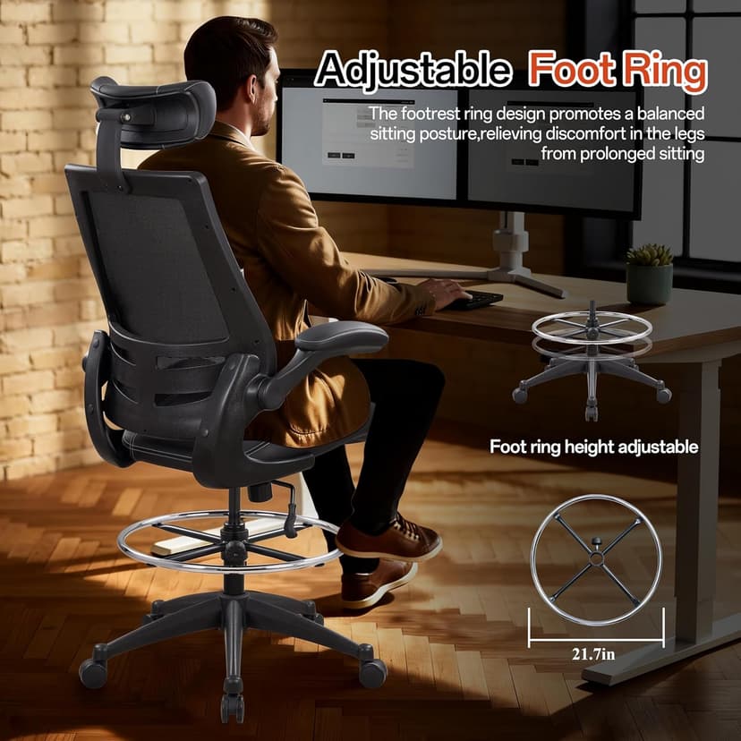 BOLISS Ergonomic Drafting Chair with 4-Level Adjustable Headrest Tall Standing Desk Stool with Soft Microfiber Leather Seat, Breathable Mesh Back, 90° Flip-Up Arms, and Adjustable Foot Ring