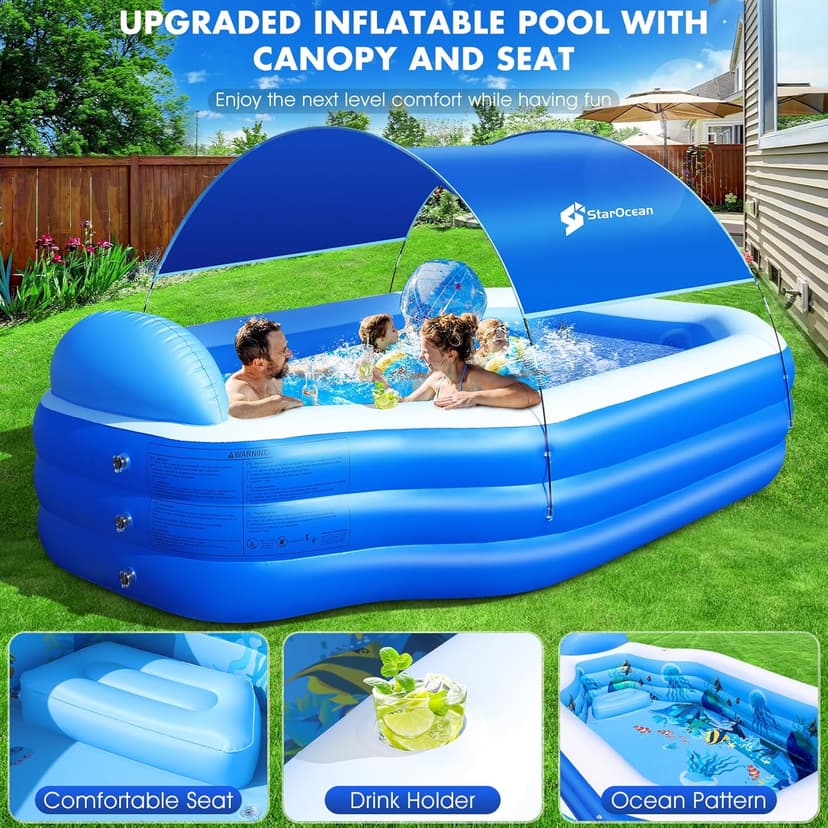 Inflatable Pool with Canopy, Large Inflatable Swimming Pool for Kids,Adult, Blow Up Pools with Seats,Backrest.Durable Thickened Inflatable Family Pools for Backyard,118"x75"x22"-Dark Blue