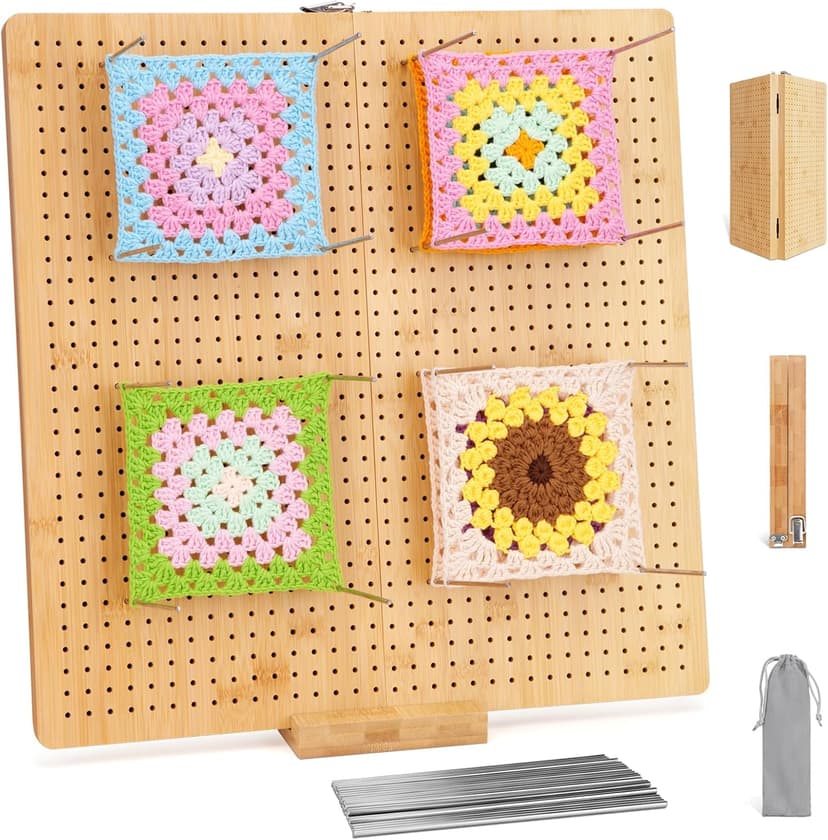 NewEle 17.0" Foldable Crochet Blocking Board with 40 Stainless Steel Pegs - Upgrade Large Blocking Boards for Crochet Projects, Bamboo Granny Square Crocheting Accessories Gifts for Crocheters