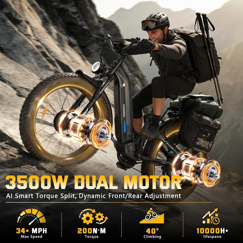 FREESKY Ranger AIR Dual Motor Electric Bike for Adults, 3500W 200NM Fast Ebike,105Miles Long Range E Bike,Full Suspension Electric Mountain Bike, 26'' Fat Tire Electric Bicycle for Man Womens Hunters