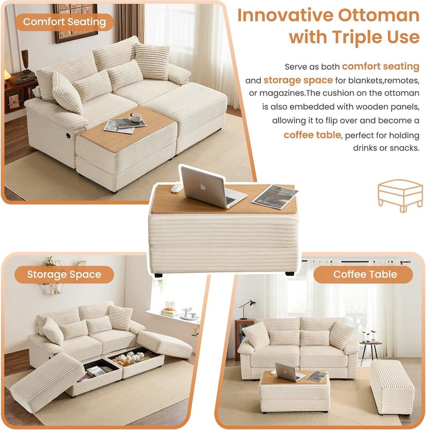 SUNWAVE 74" W Double Chaise Lounge Chair Indoor, Oversized Loveseat with Storage Ottoman, Corduroy Couch with USB Charging, Removable Ottoman, and Coffee Table Cushions for Living Room Bedroom