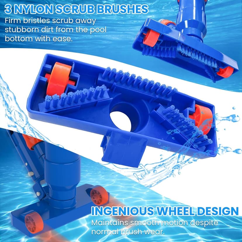 Poolvio Pool Cleaning Kit with Spa Jet Vacuum Cleaner, 8-Foot Pole, Leaf Rake Net & Round Brush for Inflatable and Above-Ground Pools