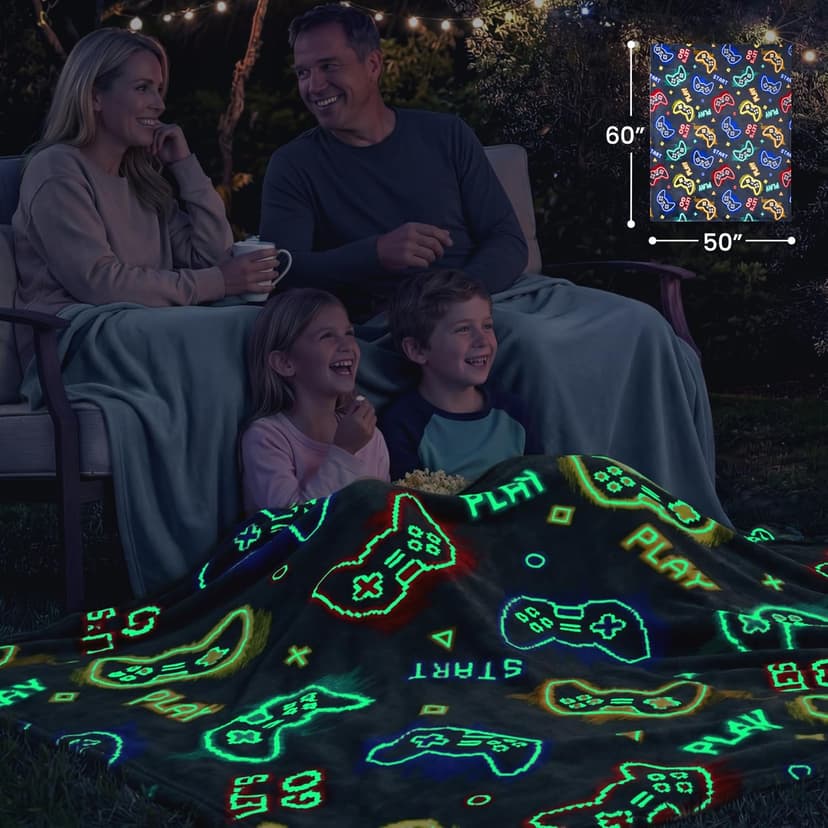 Joiedomi Glow in The Dark Gaming Blanket Gamer Gifts for Boys Age 2 3 4 5 6 7 8 9 10 11 12 Year Old, Soft Cozy Flannel Kids Throw Blanket, Birthday Bedroom Decor Grey 50"×60"