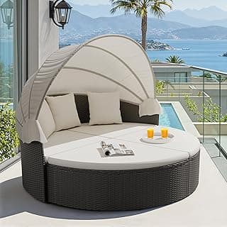 Devoko Patio Furniture Outdoor Round Daybed with Retractable Canopy Wicker Rattan Separated Seating Sectional Sofa for Patio Lawn Garden Backyard Porch