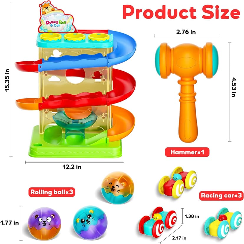 Hammer Rolling Ball, Launch and Race Car-Cause and Effect Sensory STEM Learning Toys for 1-5 Year Old Boys & Girls 2-in-1 Ball Drop & Car Ramp Race Track Montessori Toy for Toddlers Ages 1-5 B0FLDB14N8