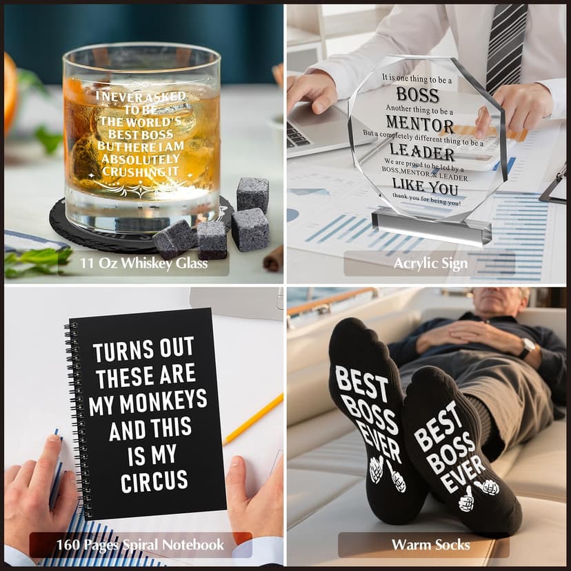 15 Pcs Boss Day Gifts for Men Whiskey Glass Set, Best Boss Ever Gifts with 11 Oz Whisky Glass Coaster Stones Socks Crystal Plaque Spiral Notebook Keychain, Bosses Inspirational Gift from Employees