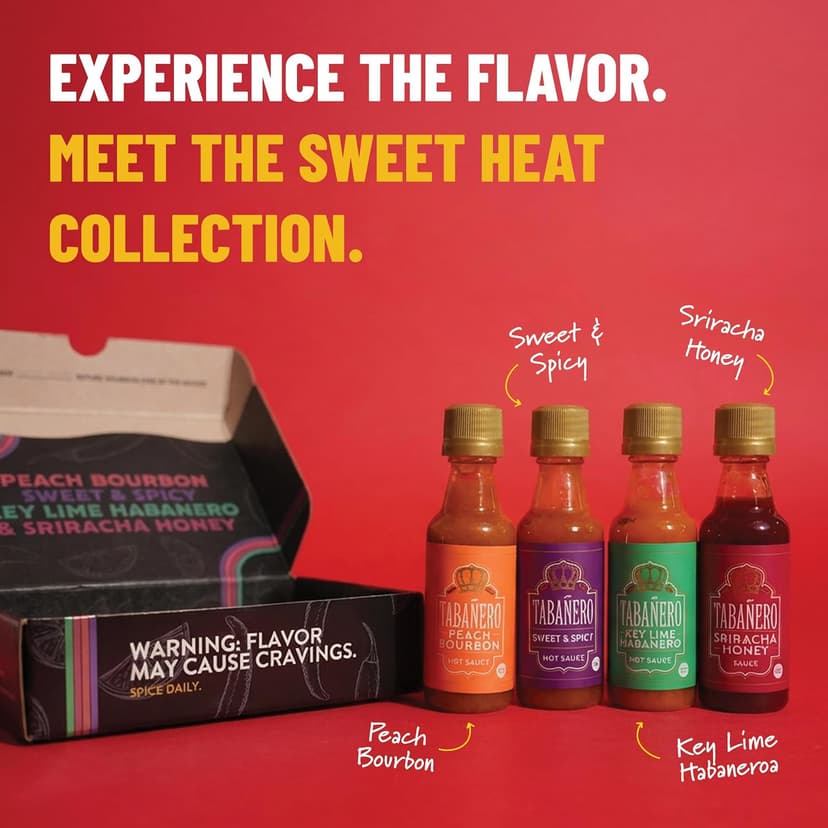 1.7 oz Mini Glass Bottles, Kit Includes Peach Bourbon, Key Lime Habanero, Sweet & Spicy, All Natural, Gluten Free, Low Sodium Tabañero Variety Hot Sauce Gift Set, Kosher, Sriracha Honey, 4-Pack B0CN9P7XD7