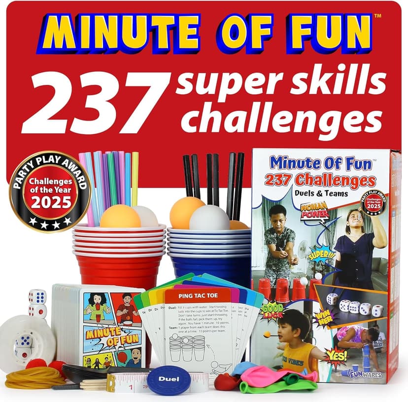 Funwares Minute of Fun Game - Minute to Win It Games for Kids, Adults, Teens, Families, Game Night, Gift for Home, Birthdays, or Travel. 2-12 Players! Original - 237 Challenges