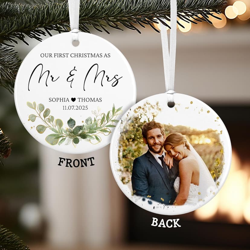 Personalized Our First Christmas as Mr and Mrs Double-Sided Ornament 2025, Custom Photo Ceramic Ornament, First Christmas Married Keepsake, Wedding Gift for Newlywed Couple