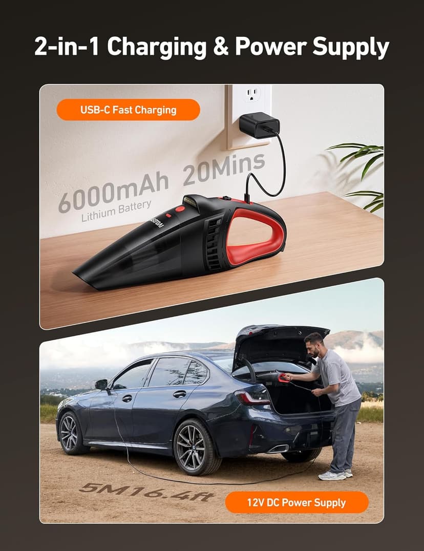 AstroAI Handheld Car Vacuum Cordless with Accessories, Portable Vacuum Cleaner with 12V DC Power, LED Light, Brush, Extended Suction Pipe, Hose, Mini Handheld for Car, Home, Office, and Pet Hair, Red