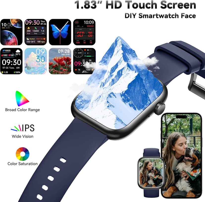 QVEQ Smart Watch for Men Women(Answer/Make Call), 1.83" Fitness Watch with Heart Rate/Blood Pressure/Blood Oxygen, Pedometer, Sleep Tracker,120+ Sport Modes, IP68 Waterproof Fitness Tracker for Android iOS