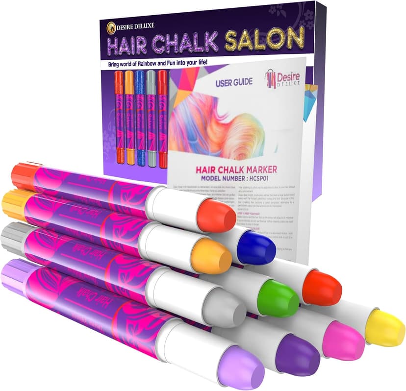 Desire Deluxe Hair Chalk for Girls Makeup Kit of 10 Temporary Colour Pens Gifts, Great Toy for Kids Age 5 6 7 8 9 10 11 12 13 Years Old, "Blue,Green,Grey,Pink,Purple