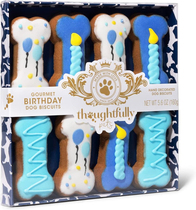 Thoughtfully Pets, Blue Dog Birthday Cookie Gift Set, Hand Decorated Crunchy Dog Treats in Bone Shapes, Great for Birthdays, Set of 8