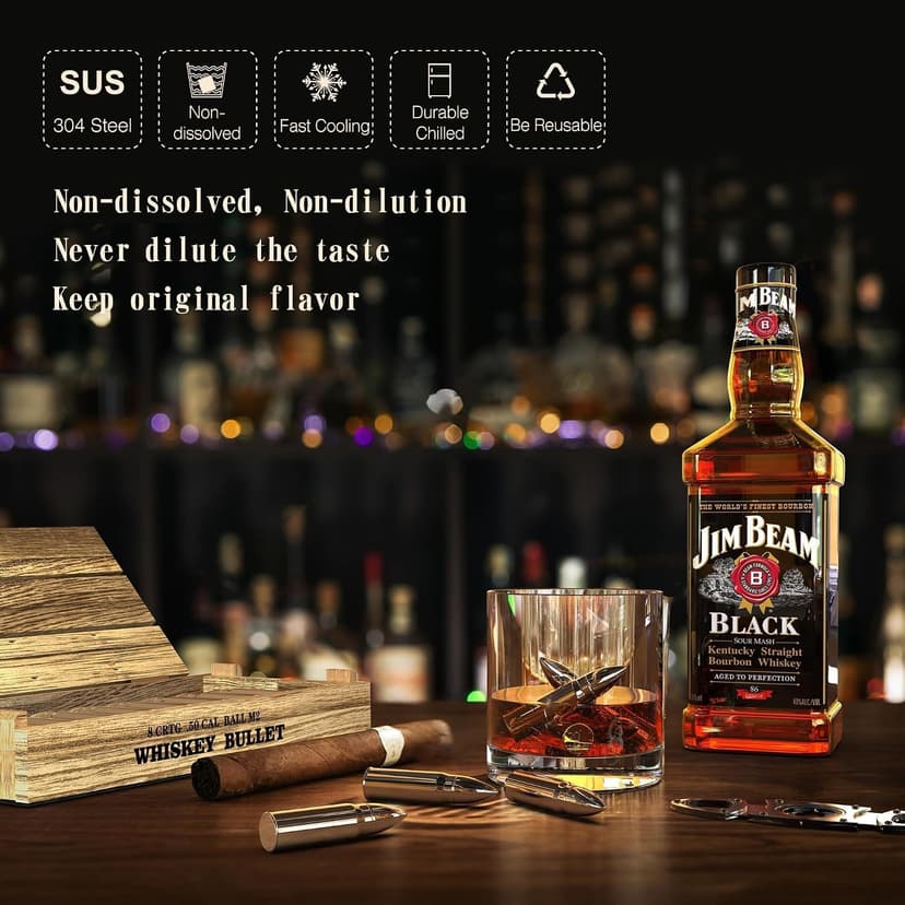 Reusable stainless steel whiskey chillers; birthday, anniversary & Father's Day gifts for men, Dad, husband or boyfriend. 8Pcs Bullet Whiskey Stones, Reusable Metal Ice Cubes, Whiskey Gifts for Men B0DCP33PNX