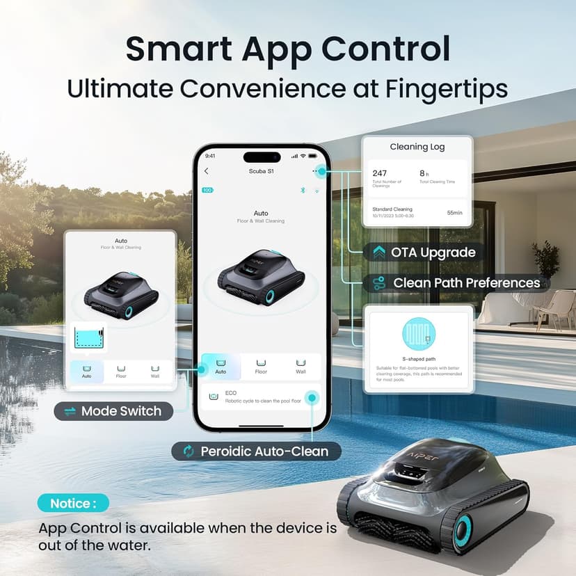 (2025 Upgrade) Aiper Scuba S1 Robotic Pool Cleaner, Wall & Waterline Cleaning, Double Filtration, Extended 180-Min Battery Life, Smart Navigation, App Support, OTA Upgrade