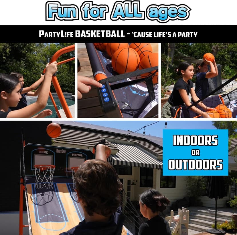 PartyLife 2-Player Basketball Arcade Game w/Optional LED Lights | Electronic Scoring | 5 Balls, 1 Pump, 8 Games | Folding Design | Heavy-Duty Steel Frame | Fun for Everyone - Choose Your Model