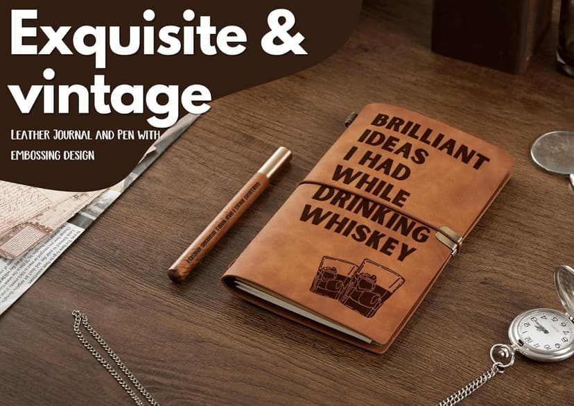 InnoBeta Whiskey gifts Leather Journal Notebook with Pen, for Whiskey Lovers, Men, Women on Birthday, Refillable Sketchbook, Travel Diary, Lined Planner, 7x5 Inches, Brown