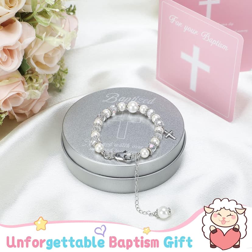 Haull 5 Pcs Christening Baptism Gifts Charms for Girls Granddaughter/Daughter Include 8.5 Inch Plush Lamb Toy Doll Pray Card with Gift Box Baptism Pearls Bracelet with Keepsake Box for Baby Shower