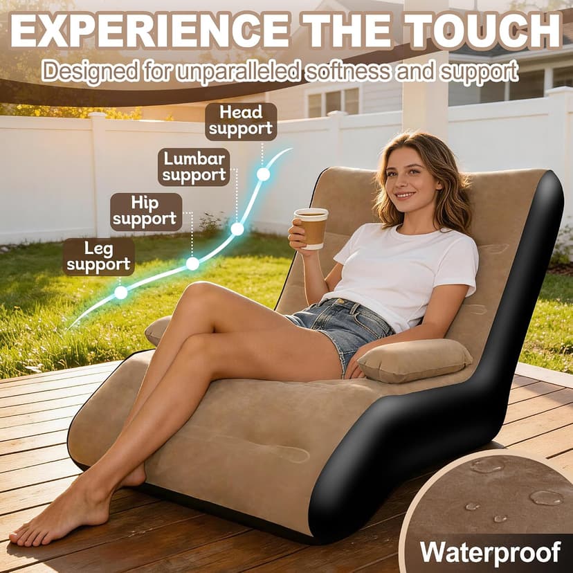 FluSing Inflatable Couch for Camping, Blow Up Couch for Adults with Armrest, Waterproof Flocked Surface Inflatable Sofa Bed Indoor, Portable Inflatable Chairs for Movie Night, Air Sofa Outdoor
