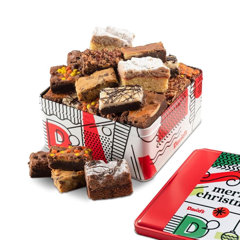 David's Cookies Merry Christmas Assorted Brownies & Crumb Cake Gift Tin 16pcs - Delicious, Fresh Baked Snacks, Gourmet Chocolate Fudge Slices, Brownies, Ideal Gift for Christmas Holidays