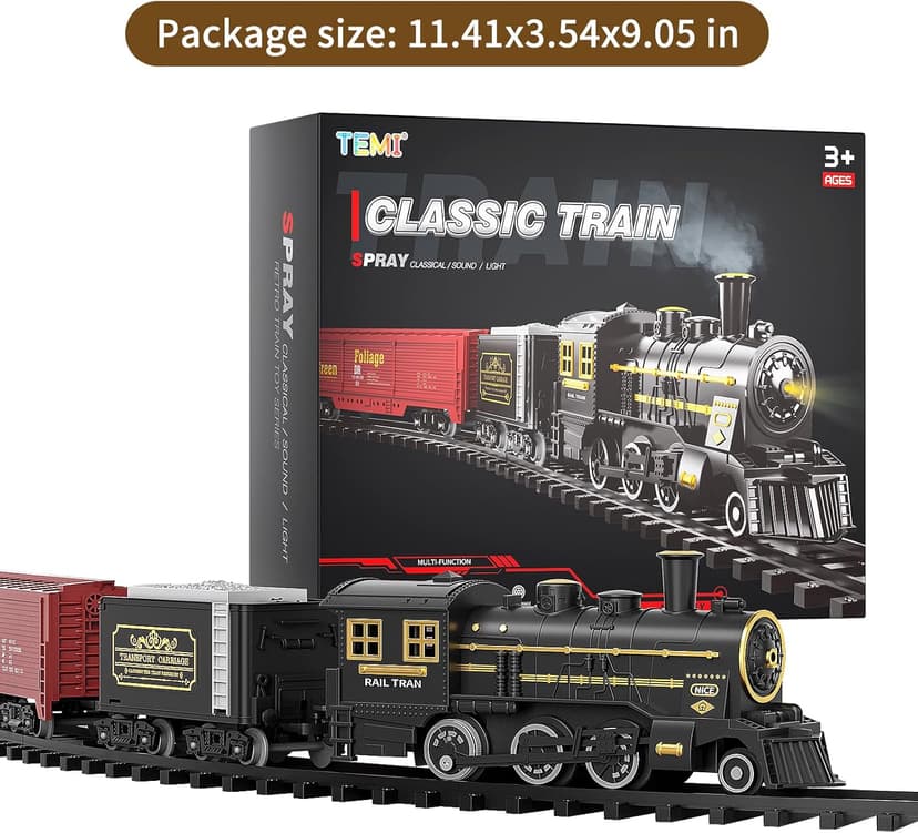 TEMI Steam Train Toy Set for Boys 3 4 5 6 7 Years, with Sounds & Light, Electric Classical Engine Locomotive for Kids, Rechargeable Model Train Kit for Christmas Tree, Cargo Car Railway Tracks