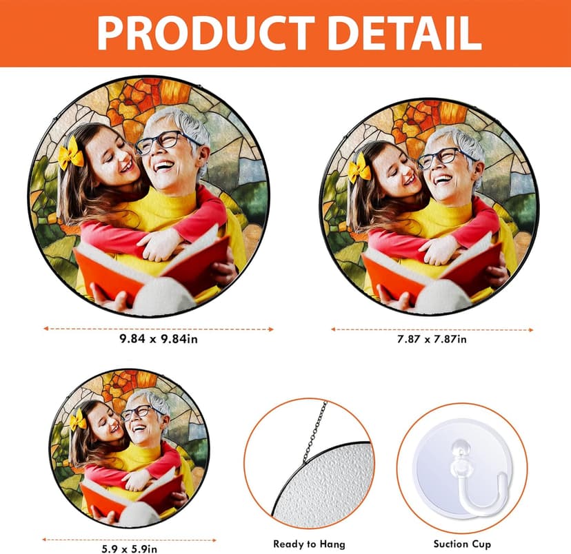 LOVELYPOD Personalized Grandma Stained Glass Sun Catcher, Photo Family Portrait Faux Window Hanging Ornament, Custom Photo Gift, Grandma Gifts, for Mom, Christmas Ornament