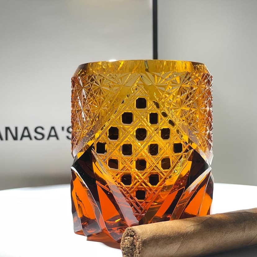 suigetsu Japanese Crystal Whiskey Glass, Cut Crystal Pattern, Luxury Cocktail Glassware (Amber)