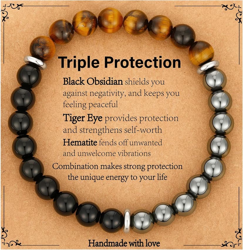 Bracelet Gifts for Men, Triple Protection Black Obsidian Hematite Tiger Eye Beaded Natural Stone Bracelets Birthday Christmas Stocking Stuffers Healing Jewelry Gifts for Him