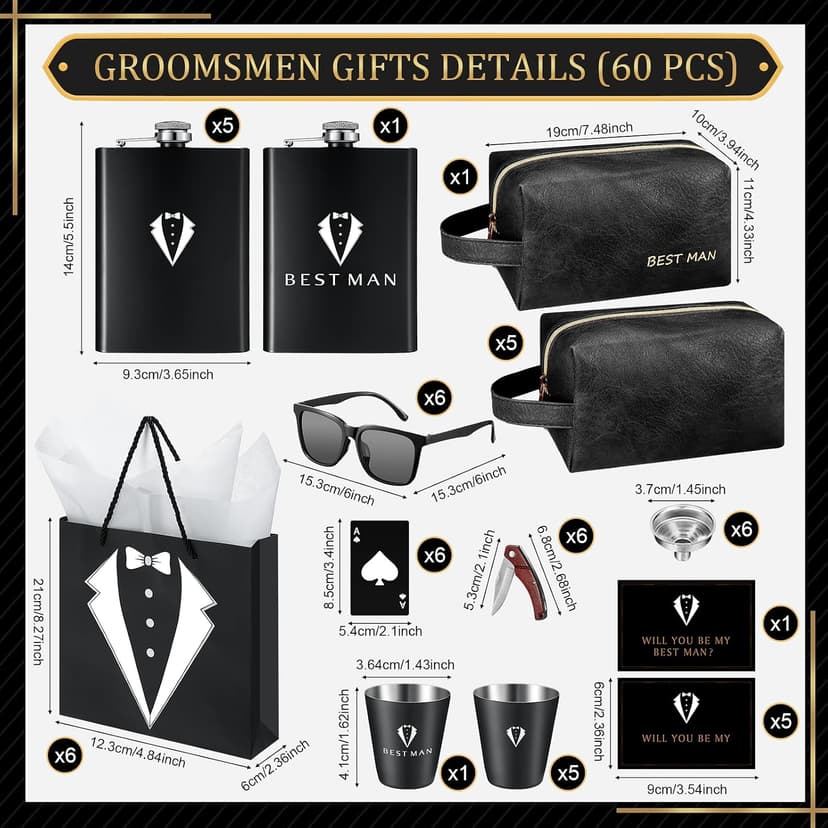 Complete Gift Set for Wedding with Flasks Shot Glasses Funnels Toiletry Bags Sunglasses Bottle Openers Gift Bags and Cards Rigibright 60 Pcs Groomsmen Gifts Set of 6 for Wedding Best Man Gift B0F6N4938G