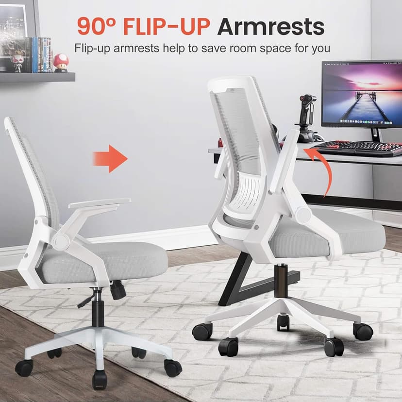 GTPLAYER Ergonomic Office Chair with Flip-up Armrests Executive Computer Chair for Home Office, Breathable Mesh & Comfy Lumbar Support, Moon Gray