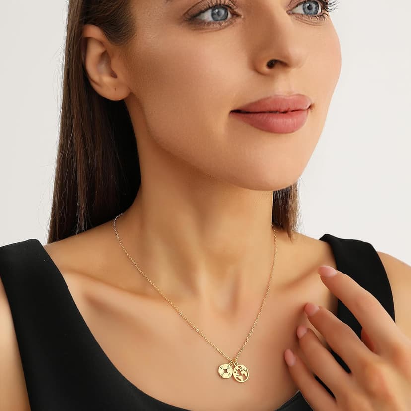 Zealmer Dainty 18K Gold Plated Compass World Map Pendant Necklace Graduation Gift for Friends