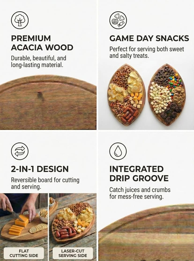 Solid acacia wood, not bamboo, football shaped cutting board. Football gifts for women, coaches, and tailgate hosts. American Football Charcuterie Board 16X9.5 Inch, Game Day Hosting Tray B0F4PNFBW6