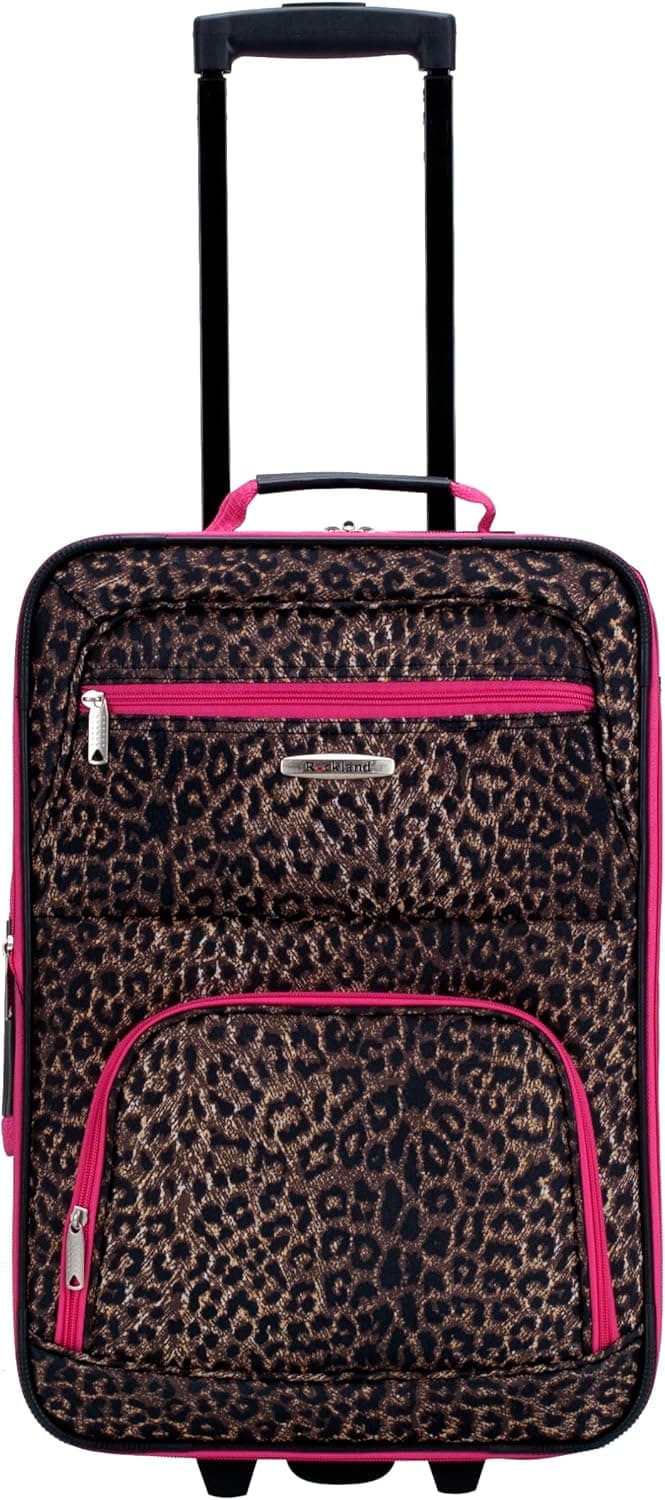 Rockland Fashion Softside Upright Luggage Set, Expandable,Lightweight,Telescopic Handle,Wheel, Pink Leopard, 2-Piece (14/19)