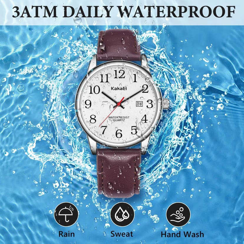 Kakabi Watch for Men, Easy Reader Unisex Analog Quartz Waterproof Wristwatch with Date and Leather Band, Casual Simple Fashion Mens Watches Gift