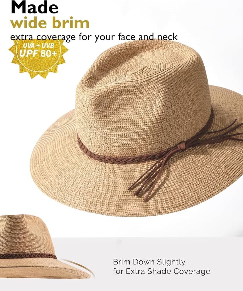 FURTALK Sun Hats for Women Summer Wide Brim UV UPF 80+ Panama Fedora Foldable Packable Straw Beach Hat