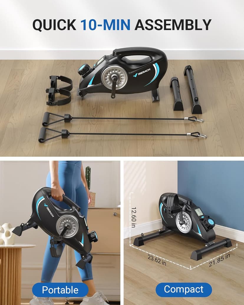 Under Desk Bike Pedal Exerciser, Quiet Magnetic Mini Exercise Bike with MERACH App for Arm, Leg Recovery, Physical Therapy, Smooth Foot Desk Cycle