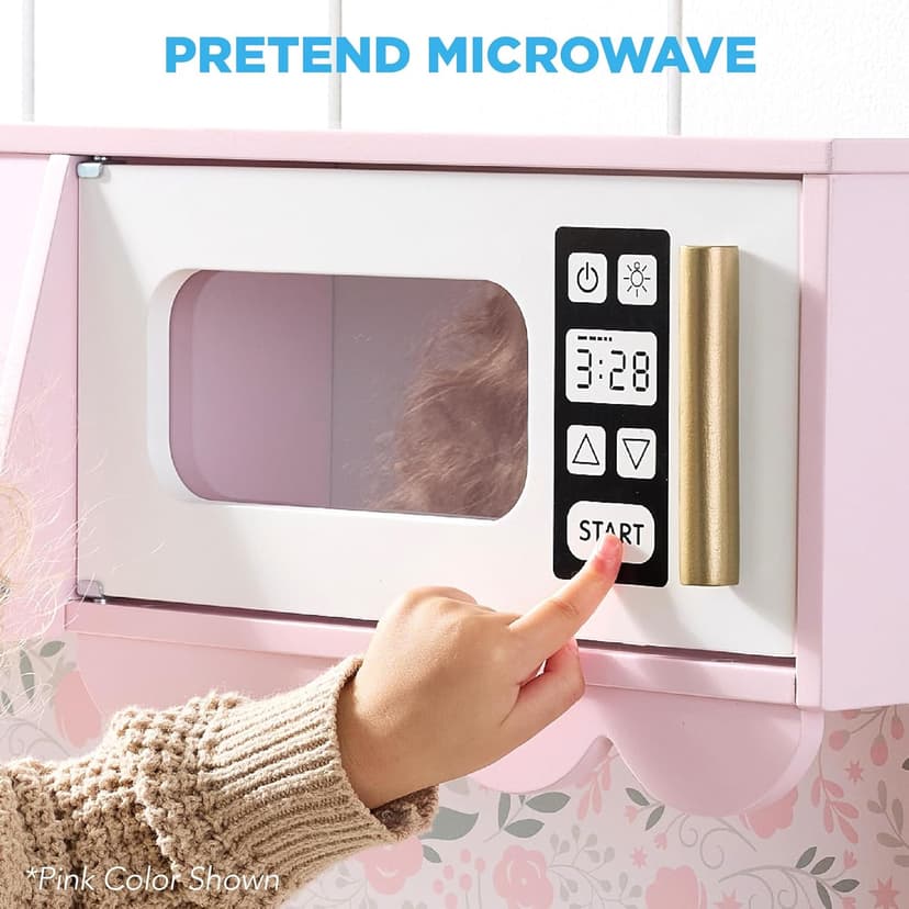 Best Choice Products Toddler Kitchen Playset, Wooden Cottage Kids Play Kitchen with 5 Accessories, Toy Storage, Scalloped Edge, and Pretend Play Microwave, Oven, Clicking Knobs - Cream