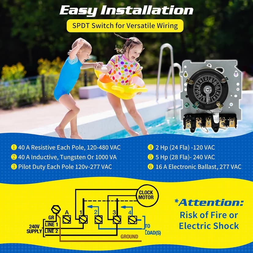 T104M Mechanical Time Switch Mechanism Only, 208-277 VAC DPST 5HP 40A Time Switch, Heavy Duty Electromechanical Timer, 24 Hour 12 ON/Off for Pool Pump HVAC Fans Water Heater Lights