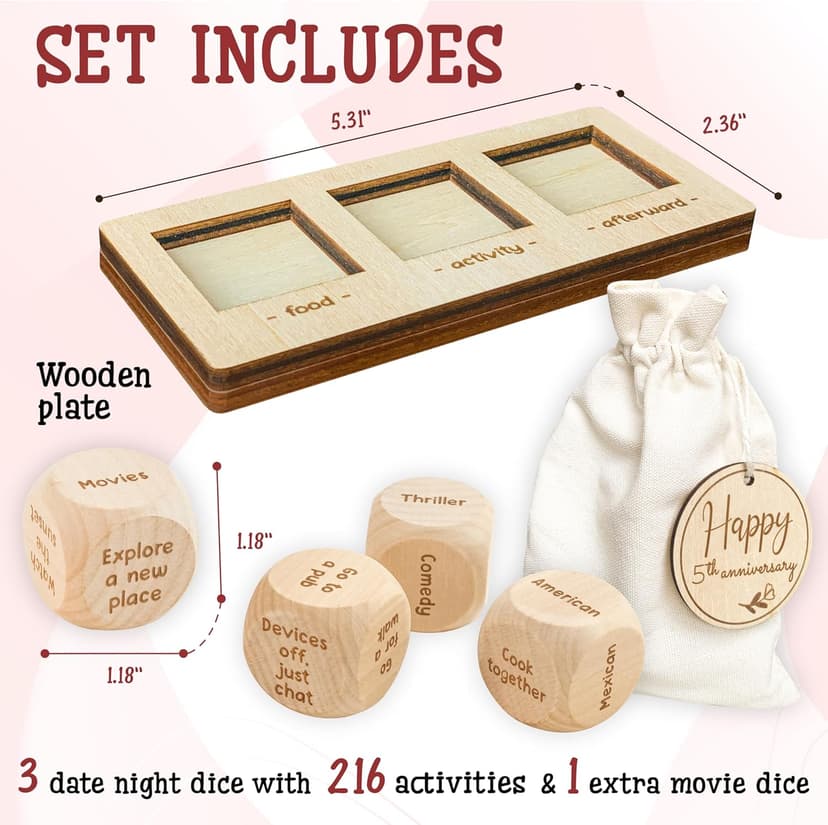 5 Year Anniversary Wood Gift for Him Her - 5th Anniversary Wedding Gifts for Wife Husband, Five Years of Marriage Date Ideas, Wooden Game Date Night Dice for Couples