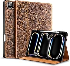 Gexmil Genuine Leather Case for iPad Pro 13 Inch (M5/M4) 2025/2024 with Pencil Holder,Protective Shockproof Smart Premium Leather Folio Cover Adjustable Stand Auto Sleep/Wake Anti-Slip,Flower Brown
