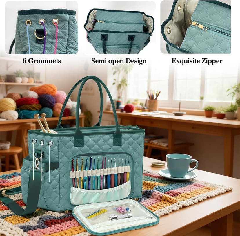 Crochet Bag Yarn Storage, Large Knitting Tote with Padded Crochet Hook Organizer, Tote with Multiple Compartments for Crochet Lovers, Knitting Accessories, Mother's Day Gift