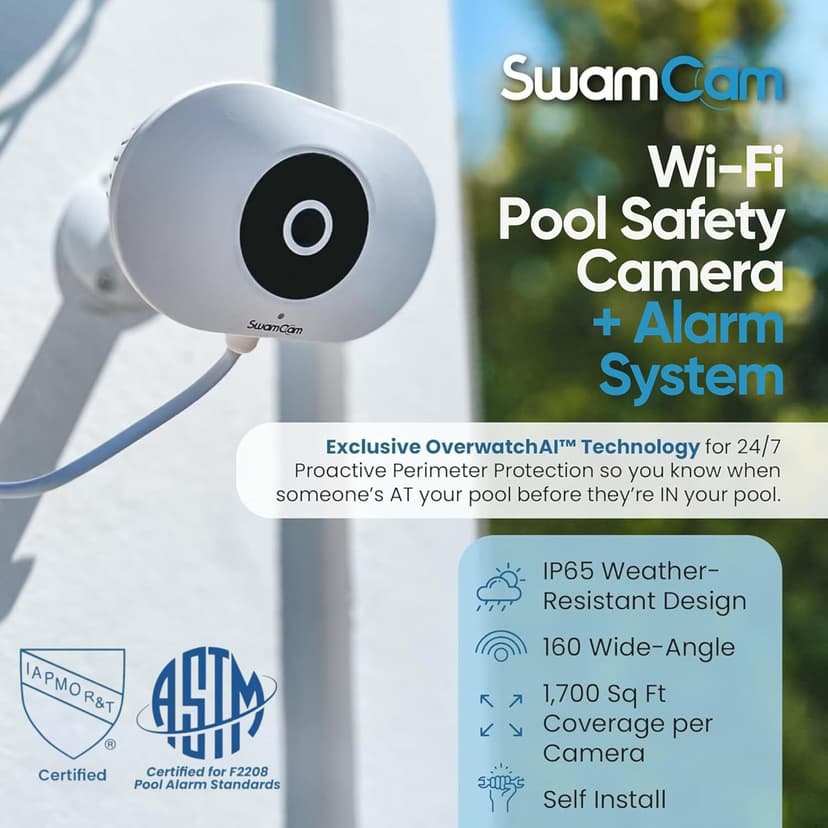 SwamCam Pool Alarm Wi-Fi Camera System – ASTM F2208 Certified – Smart Pool Safety for In-ground & Above-Ground Pools – Real-Time Alerts, Live View, Built-in Wi-Fi Repeater