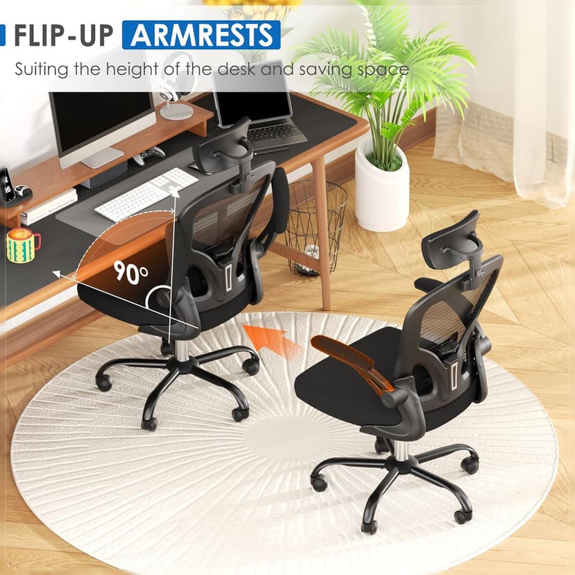 Ergonomic Office Chair, 300lbs High Back Breathable Mesh Desk Chair with Lumbar Support, Comfy Gaming Chair with Headrest and Flip-Up Arms, 360° Swivel Computer Task Chair for Home Office, Black