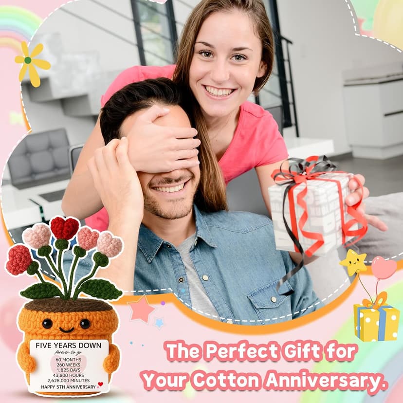 MAMAGIFTREE 5th Anniversary Wedding Gift for Couple - Handmade Crochet Heart Flower Plush with Romantic Message - Five Years Down Forever to Go Keepsake for Wife, Husband, Boyfriend, Girlfriend