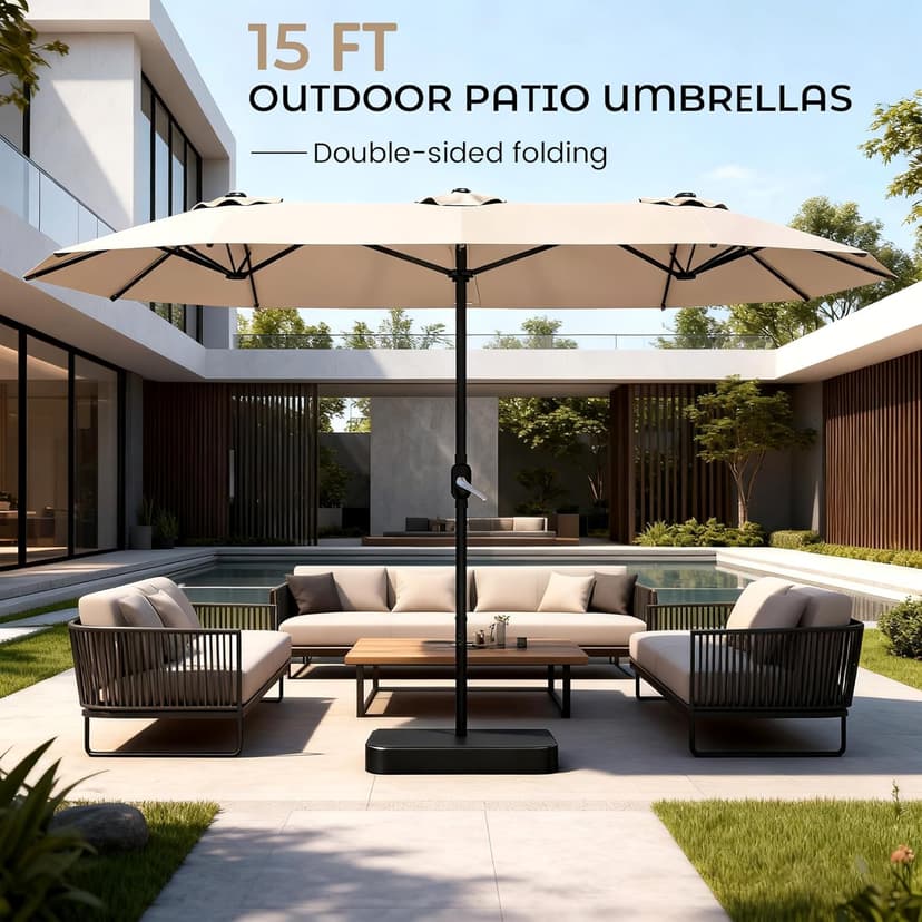 15ft Patio Umbrella with Base,Large Outdoor Double-Sided Rectangle Umbrella with Crank Handle, Market Umbrella for Poolside Garden Deck Backyard Beach Pools, Beige