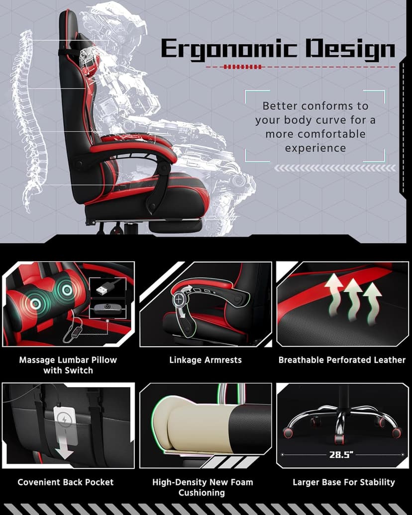 Yaheetech Gaming Chair, Video Game Chair with Massage Lumbar Support and Footrest Height Adjustable Ergonomic Computer Chair with Swivel Seat and Headrest, Black/Red