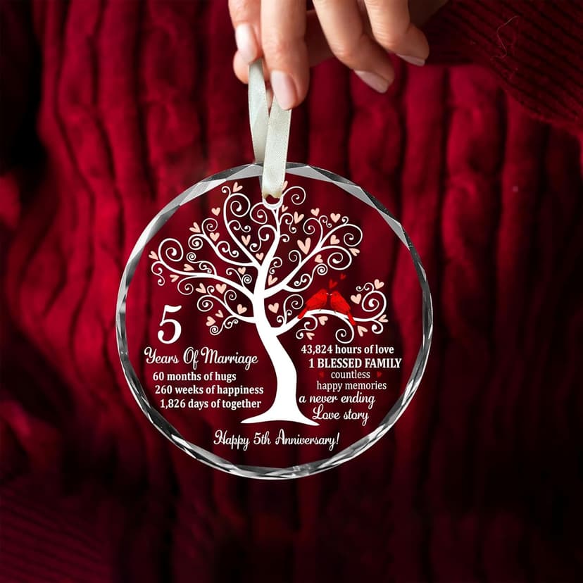 5th Wedding Anniversary Glass Ornament for Couple, Wife, Husband or Parents, Unique Wood Wedding Anniversary Idea, A Meaningful Christmas Decor to Celebrate Five Years of Love