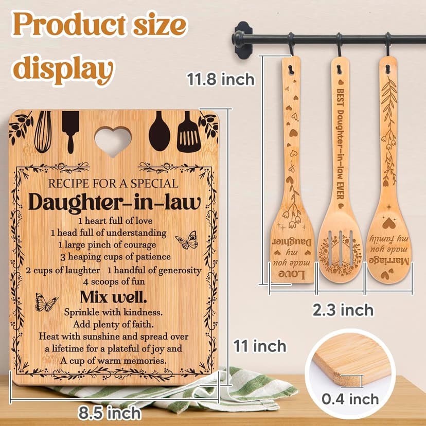 Gifts for Daughter in Law - "Recipe for a Special Daughter-in-Law" Daughter in Law Birthday Gifts Cutting Board Set, Bamboo-Made Engraved Utensil Set Christmas Gifts for Daughter in Law
